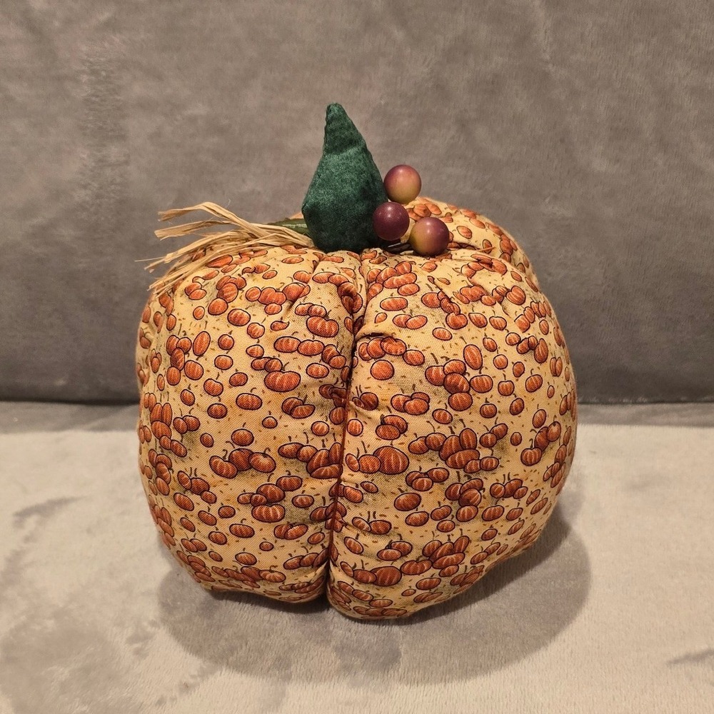 Fabric Pumpkin Fall Decor Harvest Print Plush with Stem Berries and Raffia 6"